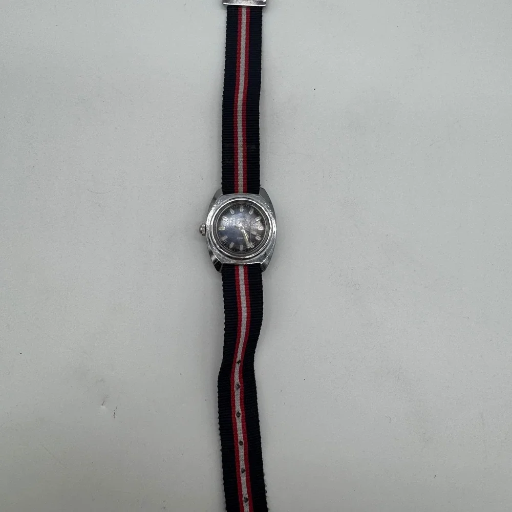 Vintage Timex Electric Watch Black Dial Silver Case Striped Nylon Strap Untested